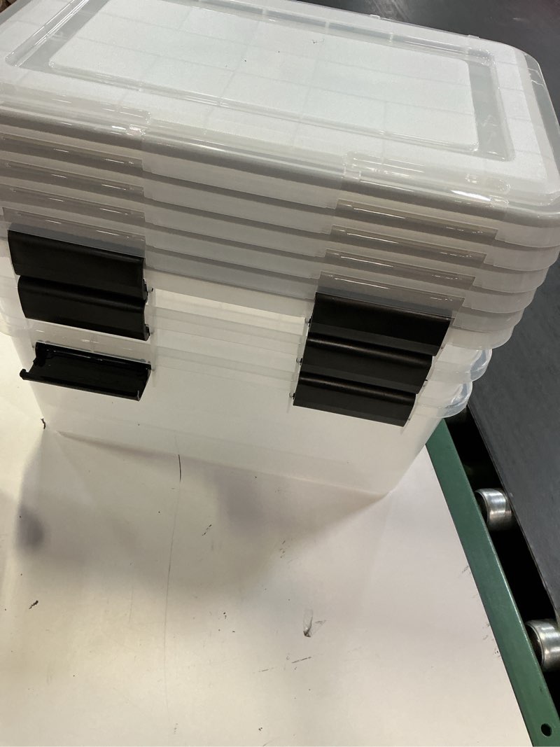 Condition photo showing Good Condition for iris usa weatherpro 19 qt storage bins with lids, 6 pack, bpa-free plastic gasket box with tight latch and seal, stackable nestable tote tub - clear/black 19 qt. - 6 pack