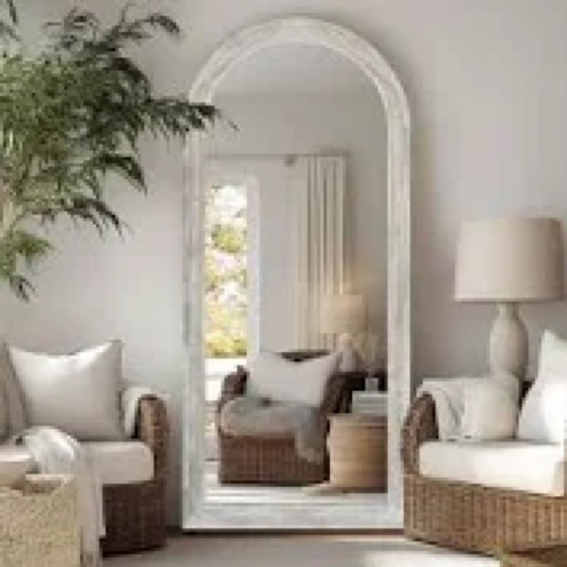 Arched Full-Length Mirror - Solid Paulownia Wood Frame, Rustic Whitewashed Finish, Wall-Mounted Or Leaning For Bedroom, Living Room, Closet (5’8” X 32”)