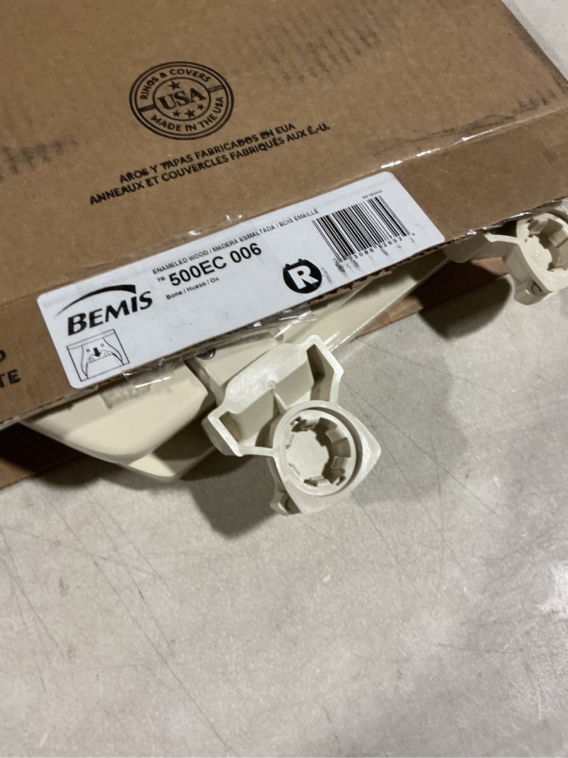 Condition photo showing As Is for Bemis 500EC Durable Wood Toilet Seat with Easy Clean Hinges, Made in USA, Round, Bone Bone Round