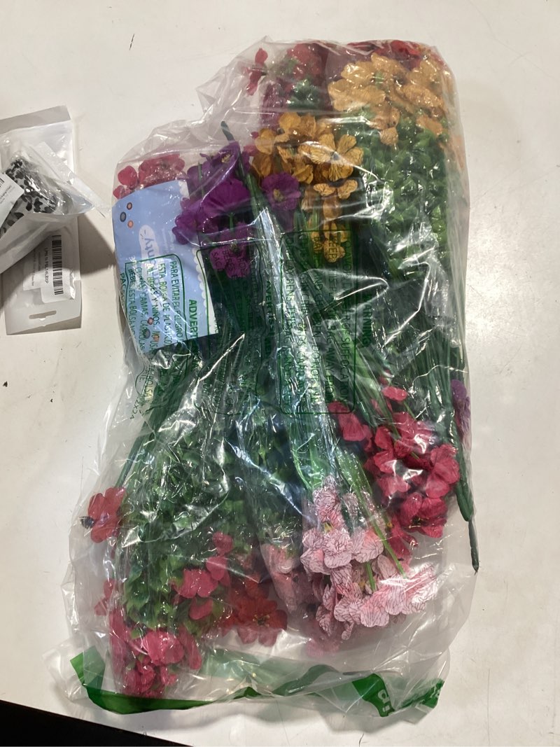 Condition photo showing Good Condition for alupssuc 24 bundles artificial flowers for outdoors decoration, uv resistant silk faux daisy flora spring fake plastic plants greenery for outside indoor yard home porch window box decor, mix 5 colors 24 red rose purple yellow pink