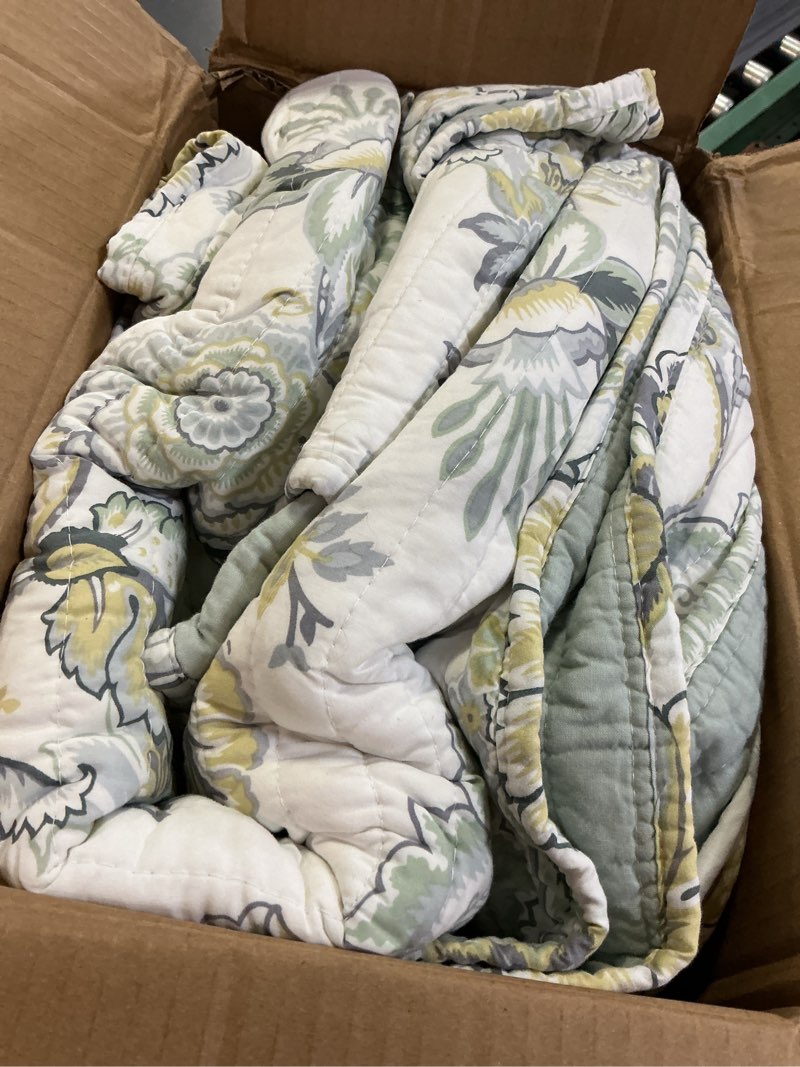 Condition photo showing As Is for levtex home ophelia spa reversible king/cal king quilt set (106x92in) and 2 pillow shams (36x20in) - bedding - blue, yellow, white - rayon king size quilt bedding set - lightweight, soft, pre-washed quilt - king/cal king spa