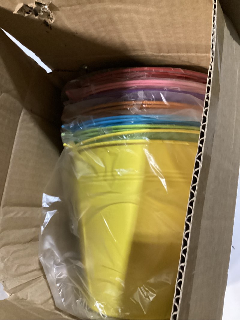 Condition photo showing New/Like New for obtanim 7 pack colorful metal buckets with handle galvanized ice pails for plants, succulents, party favors organizing, rustic home decor or classrooms pencil storage (7.1 x 5.2 inch) 7.1 x 5.2 inch colorful