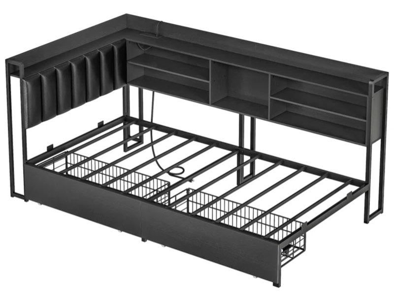 corner bed frame with bookcase storage and pu upholstered full