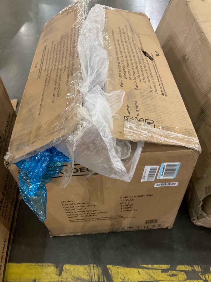 Condition photo showing As Is for BLACK+DECKER Over the Range Microwave Oven with Vent and One-Touch Auto Cooking, 1.7 cu. ft. OTR Over Stove Microwave, Black, 1000 Watts, EM044K6CF-BK OTR 1.7 Cu.Ft_Black