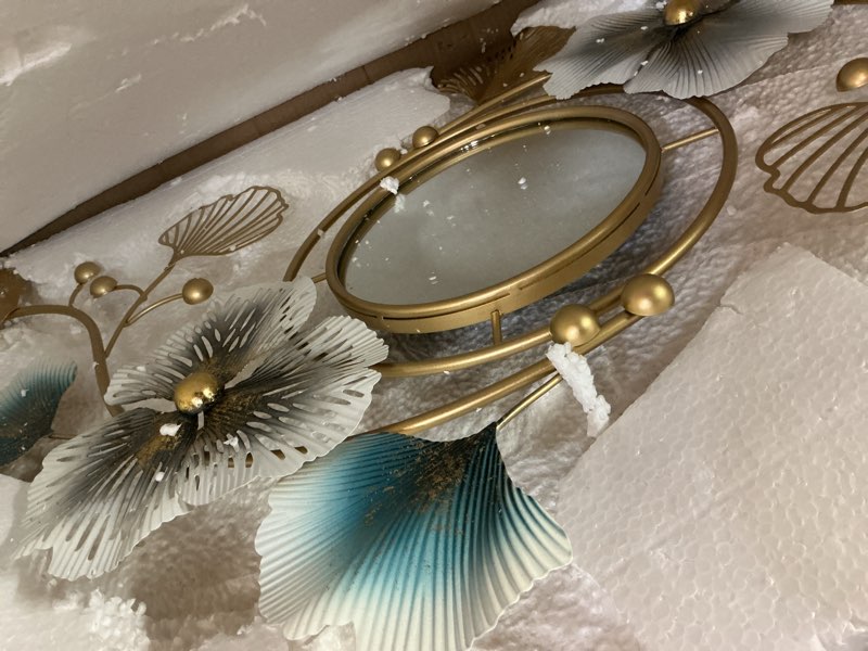 Condition photo showing New/Like New for Large Decorative Wall Mirror for Living Room 47In Metal Wall-Mounted Mirrors with Ginkgo Leaf Big Wall Decor Mirror for Entryway Bedroom Bathroom Vanity
