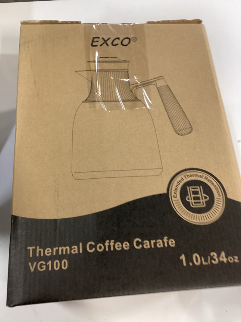 Condition photo showing New/Like New for EXCO 1.0L/34Oz Premium Thermal Coffee Carafe, Glass Lined Insulated Carafes for Keeping Hot, Elegant Coffee Tea Pot Vacuum Termos, Drink Beverage Dispensers, 12H Heat 24H Cold (Kahki+Wood Color)