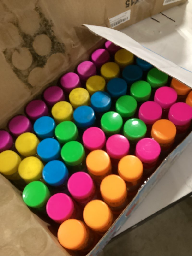 Condition photo showing New/Like New for bubble bottles 48 pack (2oz), bubbles for kids, bubble solution with bulk wands in 6 colors as party favors for toddlers 1-3, summer outdoor toy gift for boys & girls