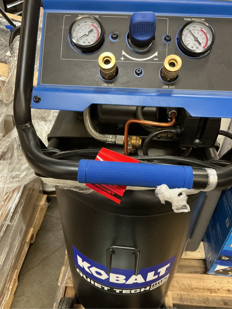 Condition photo showing As Is for (does  ‘t work )kobalt quiet tech 26-gallons portable 150 psi vertical quiet air compressor