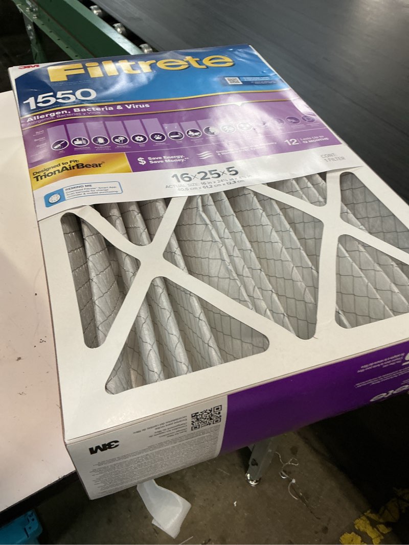 Condition photo showing Good Condition for filtrete 16-in w x 25-in l x 5-in merv 12 1550 mpr allergen, bacteria and virus electrostatic pleated air filter
