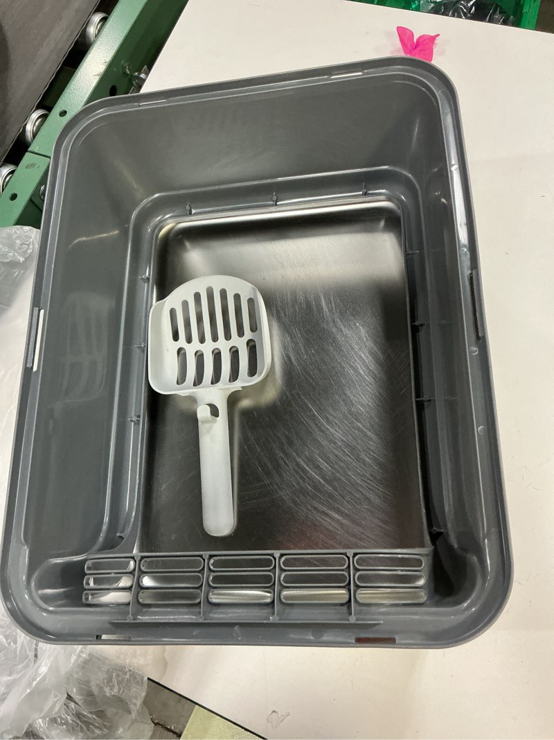 Condition photo showing Good Condition for Stainless Steel Cat Litter Box, Odor Free Metal Litter Box with High Sides Lid, Open Top Low Entry Litter Pan Include Scoop Easy Cleaning Anti-Scratch Kitty Cat Box Anti-Urine Leakage, Non-Sticky