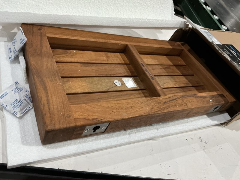 Condition photo showing As Is for aquateak 18" moa teak floating shelves for wall - durable, water-resistant, wall mounted storage shelves for bathroom or pool area - mounting hardware included - holds upto 10 lbs - indoor/outdoor use 18 inch