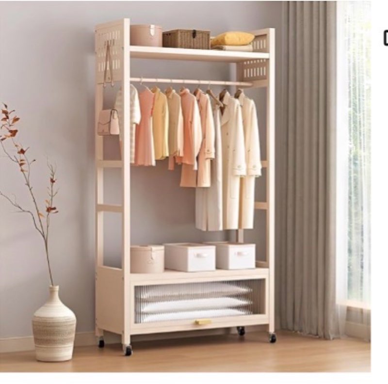 Freestanding Clothes Rack with Storage Cabinet Sturdy Metal Garment Rack with Lockable Wheels 4 Hooks & Shelves Portable Closet Organizer for Bedroom Laundry Living Room Cream White 39.4×13.4×67.3 in Milky White