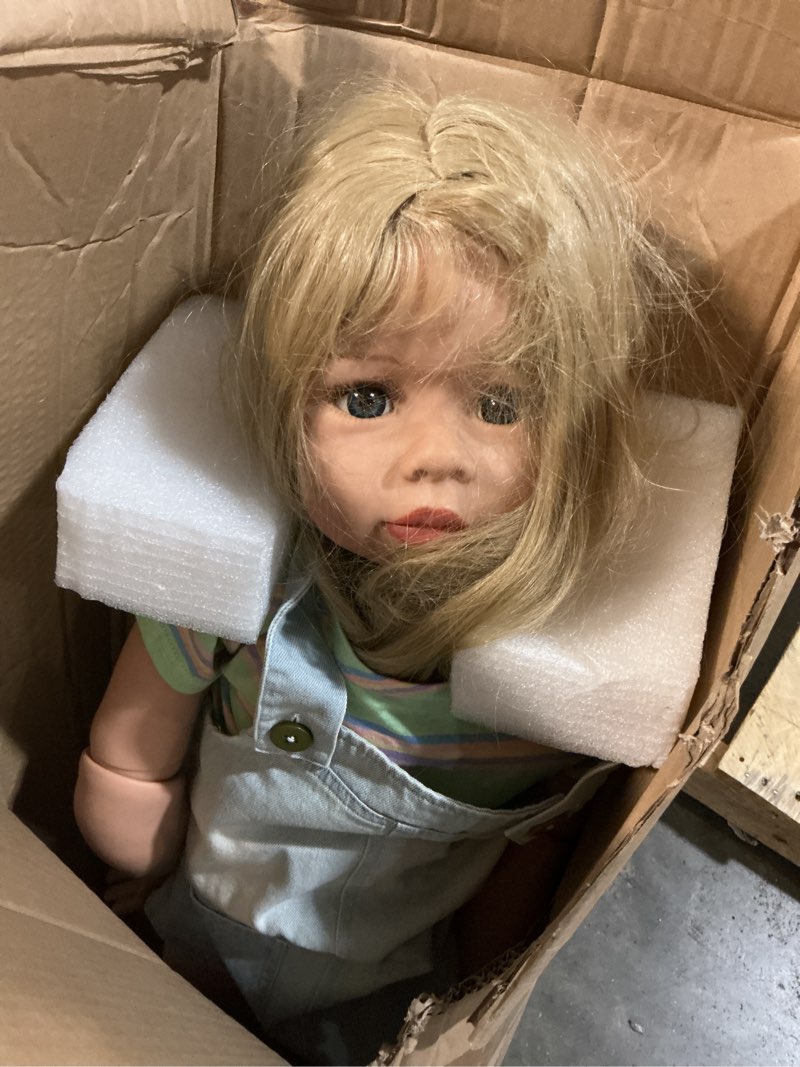 Condition photo showing Good Condition for pinky reborn 39inch reborn toddler dolls,huge baby full body hard vinyl realistic blond hair standing girl beautiful dress model collectible toddler baby girl blue