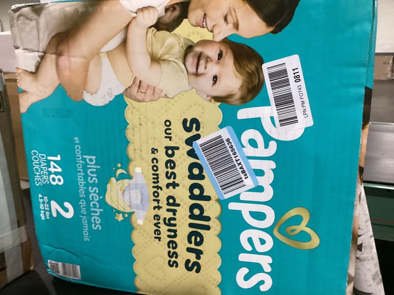 Condition photo showing New/Like New for pampers swaddlers diapers, size 2 (10-22 lbs), 148 count, absorbent, keeps baby dry and comfortable, skin safe disposable baby diaper size 2 148
