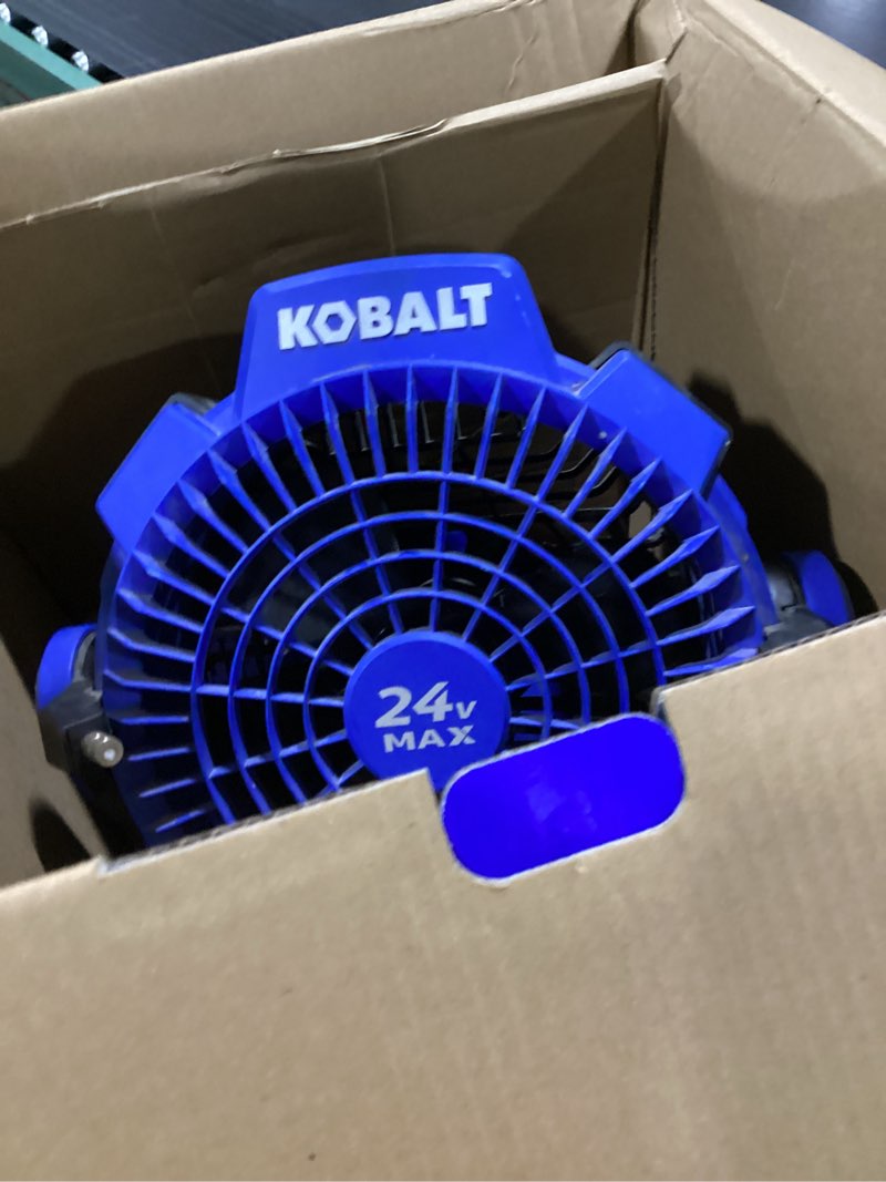 Condition photo showing As Is for kobalt 7-in high velocity indoor/outdoor misting floor fan, battery powered, in blue