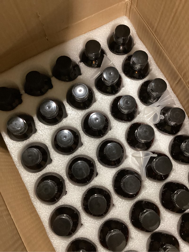 Condition photo showing As Is for 35 pack 4 oz amber glass boston round bottles with polycone caps | airtight seal, leak-proof design, for vanilla extract,kombucha brewing, essential oils, homemade solutions, lab storage 4 ounces