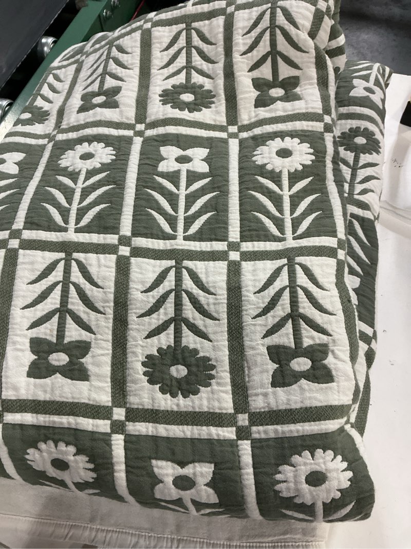 Condition photo showing Good Condition for quince, organic cotton jacquard floral coverlet /queen/dried sage