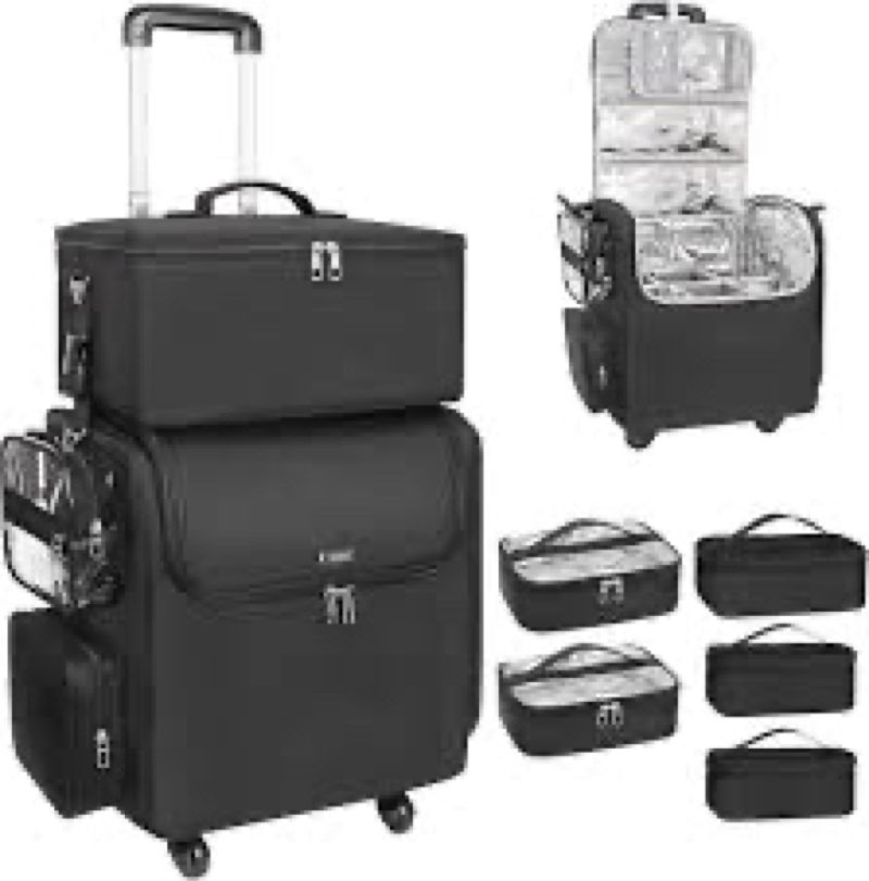 Relavel Rolling Makeup Train Case with Large Clear Makeup Bag, Hairstylist Traveling Bag with 4 Whee