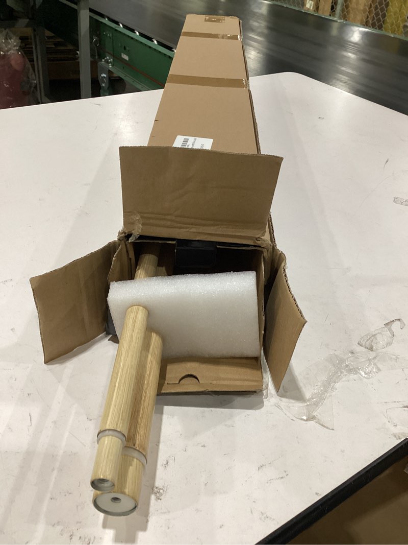 Condition photo showing Good Condition for 1-1/8 inch diameter light wood curtain rods with cap finial, 36-72'' telescoping faux wood design double curtain rods for window width 24-68 inch, 1 pack light wood 36-72''