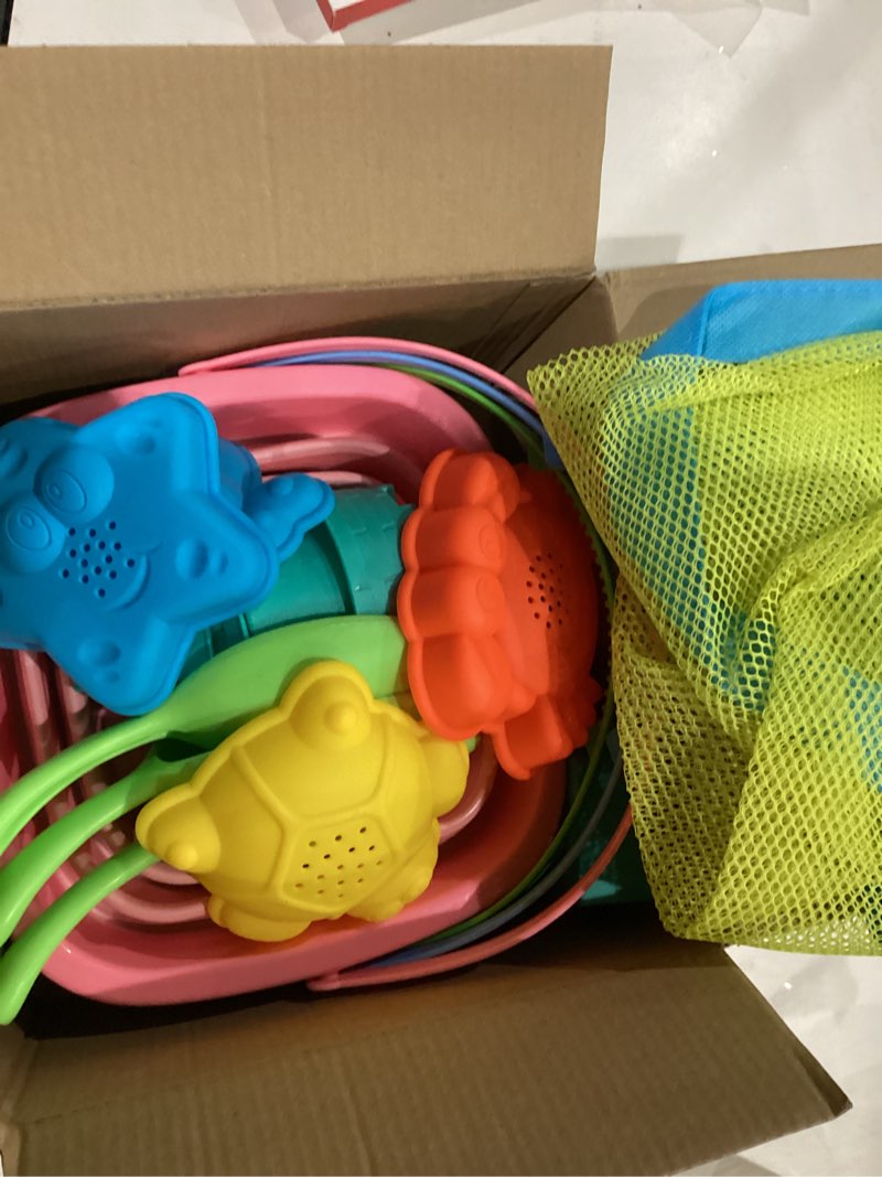 Condition photo showing Good Condition for collapsible beach toys for kids, 3 pack foldable sand buckets and shovels set with mesh bag, silicone pails for beach travel essentials, easter egg hunt, sand toys molds for kids and toddlers 3 buckets