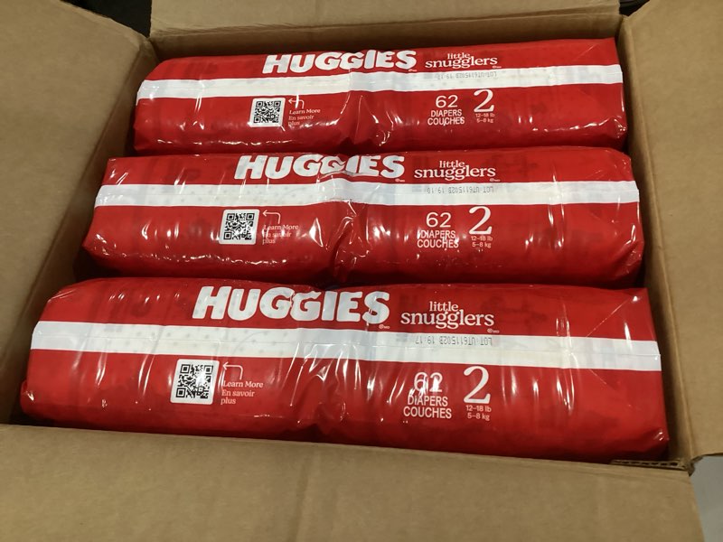 Condition photo showing New/Like New for huggies size 2 diapers, little snugglers baby diapers, size 2 (12-18 lbs), 186 count (3 packs of 62), packaging may vary