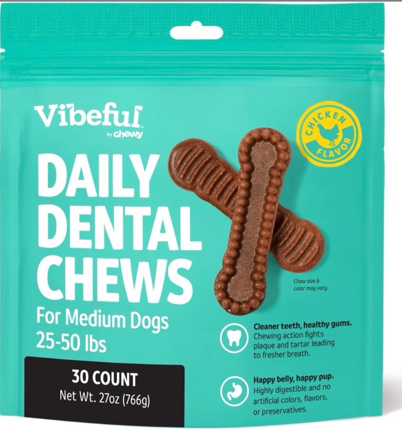 Vibeful Medium Daily Dental Chews for Dogs, Chicken Flavor, 30 count