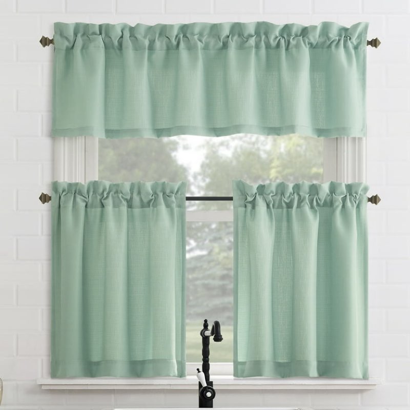 mainstays 3-piece textured semi sheer rod pocket kitchen window tier pair and valance, 2 café curtains and 1 curtain valance, aqua, 56"w x 36"l