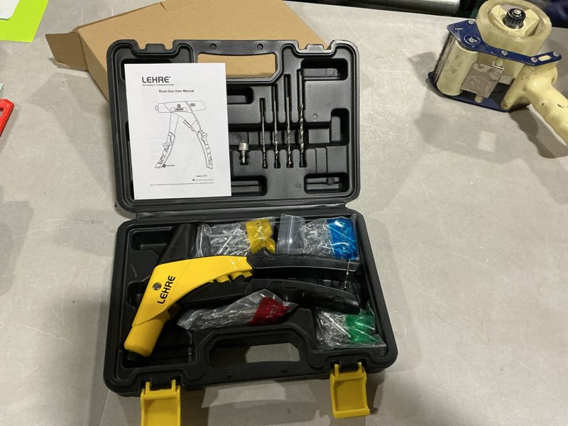Condition photo showing New/Like New for LEHRE Safety Rivet Gun, One-Handed Pop Rivet Gun Set, Heavy Duty Riveter with Mandrel Container, Tool-Free Interchangeable Heads