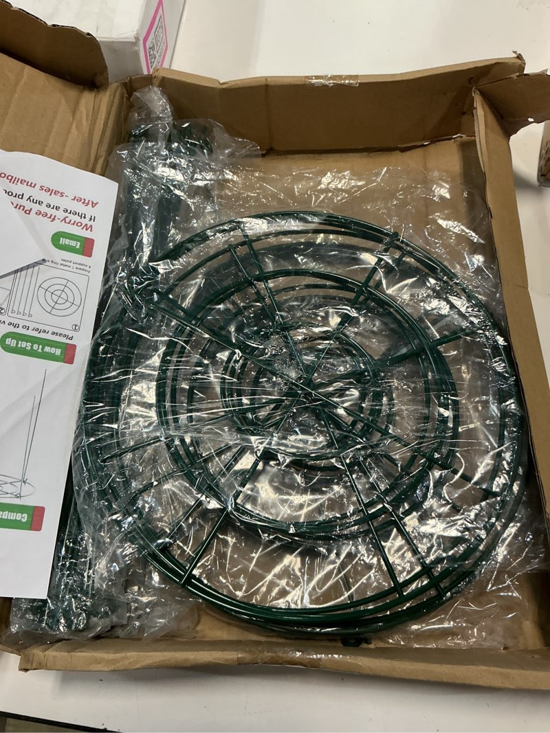 Condition photo showing As Is for 8 pack peony cages and supports, 11.5" dx16 h plant supports for outdoor plants, heavy duty metal peony support cage flower support rings, plant support ring for rose tomato hydrangea strawberry 11.5" wx16" h-8 pack