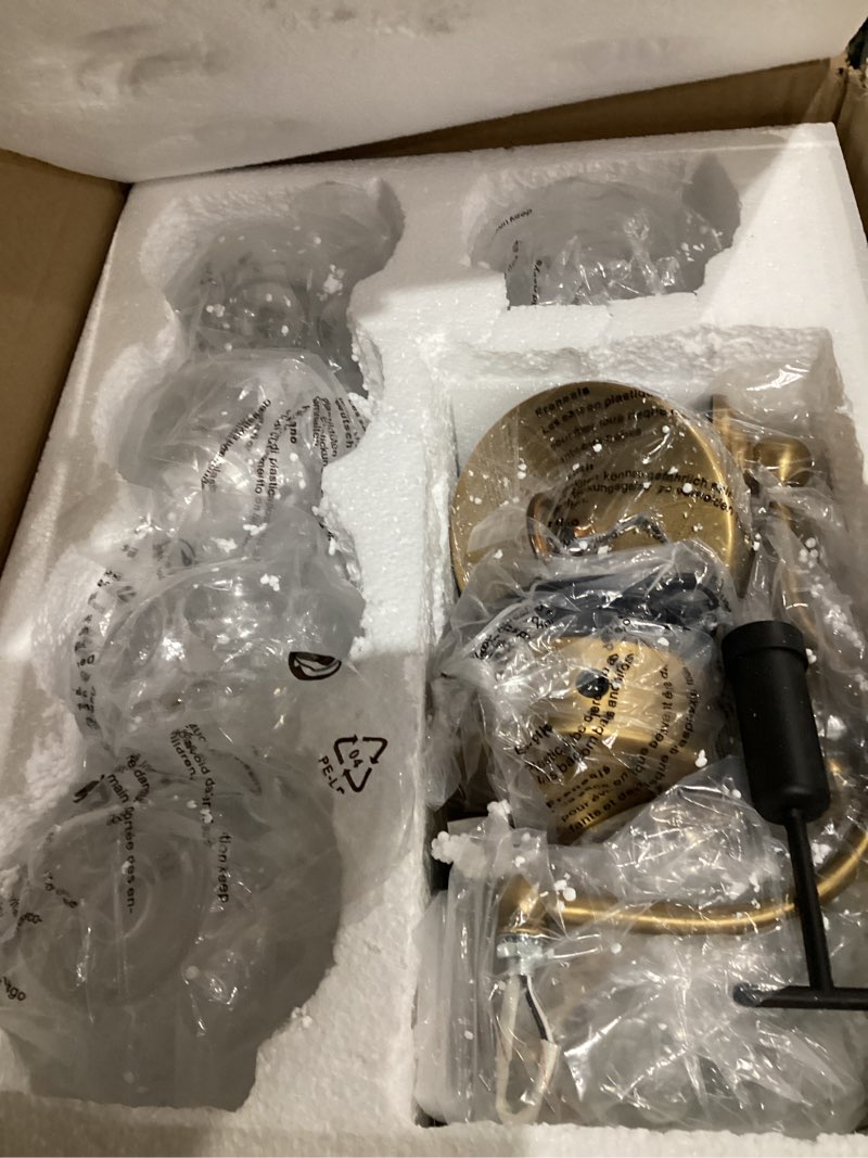 Condition photo showing As Is for Montex Vintage Brass Pendant Light,Gold Vintage Chandelier Light Fixture 5 Lights,Include 6 Light Bulbs Glass Pendant Light Crystal Hanging Light Large