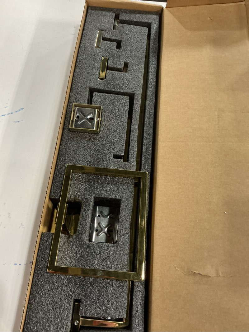 Condition photo showing As Is for YACVCL 5-Piece Bathroom Hardware Accessories Set 23.6 inch Towel Bar Set Modern Towel Rack Set Stainless Steel Wall Mounted Bathroom Towel Holder Set(Bright Gold)