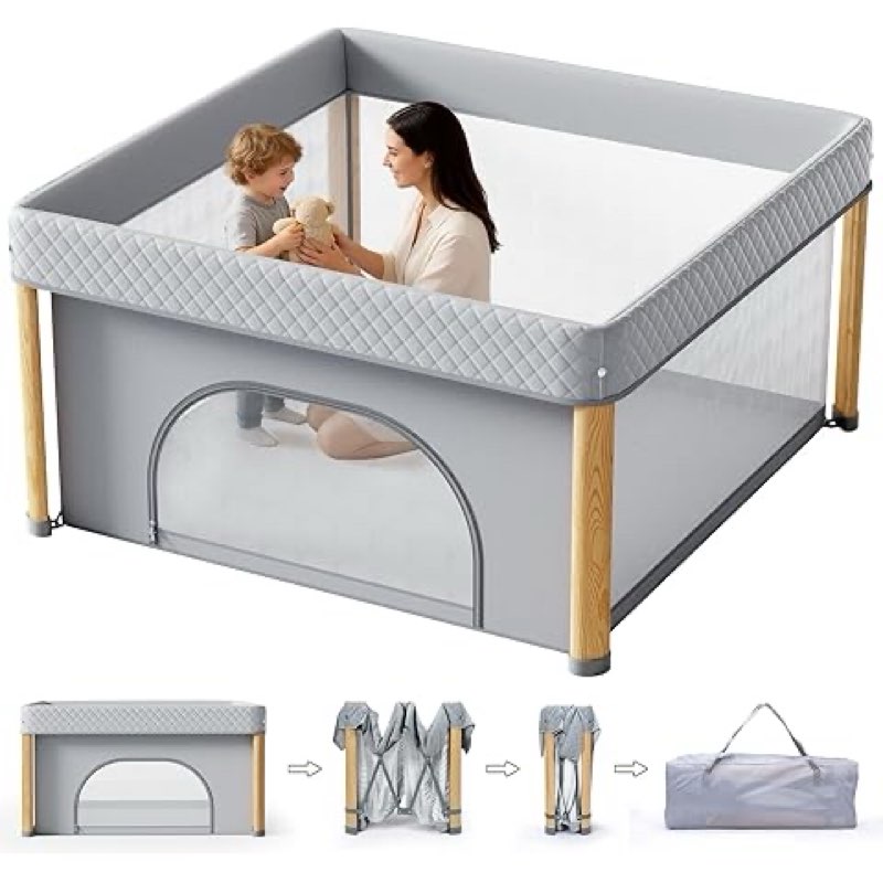 foldable baby playpen, 51x51 foldable play pen for babies and toddlers, portable playpen indoor outdoor, kids safety area travel play yard with storage bag grey