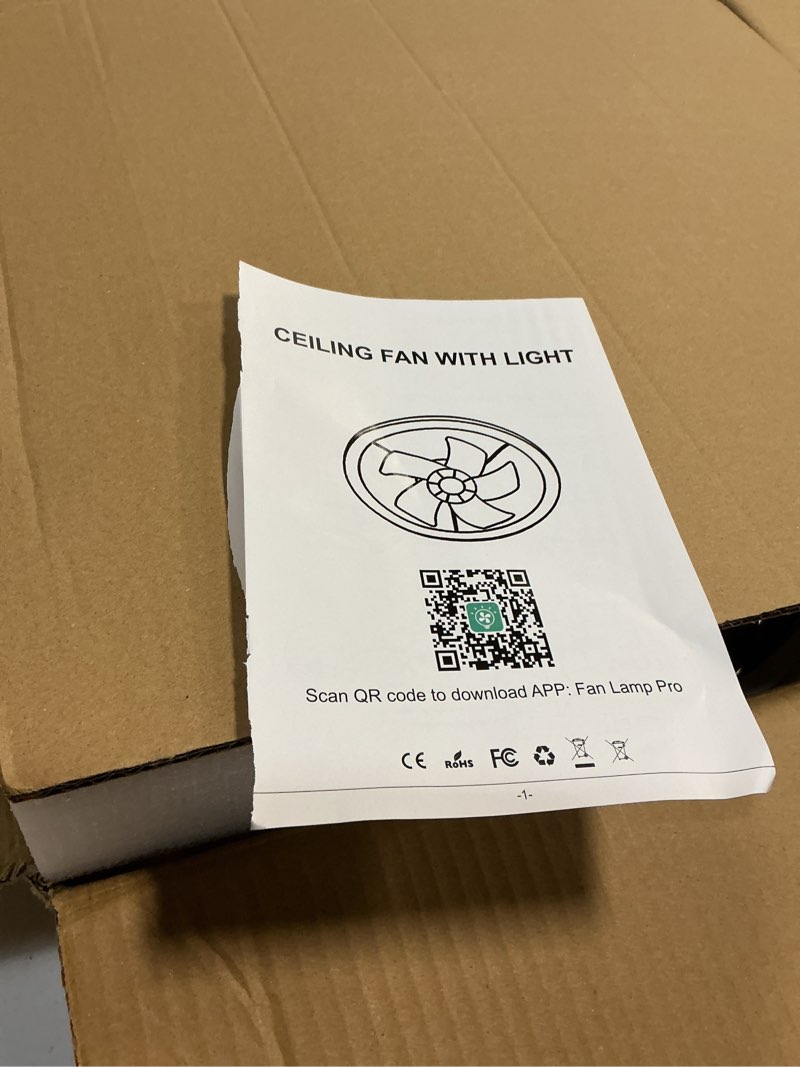 Condition photo showing As Is for (Similar)20\" Modern LED Ceiling Fan with Lights and Remote, Low Profile Dimmable Acrylic Ceiling Fan Flush Mount Bladeless Chandelier Fan Stepless Color Temperature Change and 6 Speeds (White) DX006 White