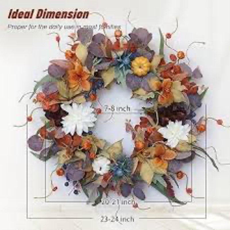 24" Fall Wreaths for Front Door Outside, Autumn Thanksgiving Harvest Wreath with Pumpkins Dahlias Pi