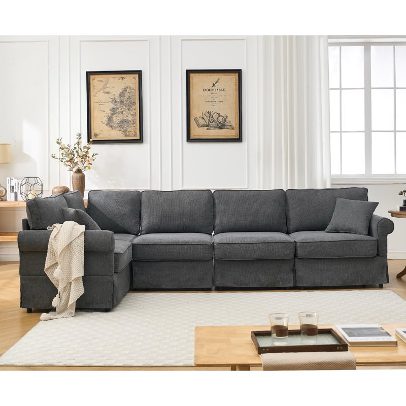 (Incomplete 1 piece only) Modular 5 - Piece Upholstered Sectional with Rolled Arms Body Fabric: Dark Gray Linen