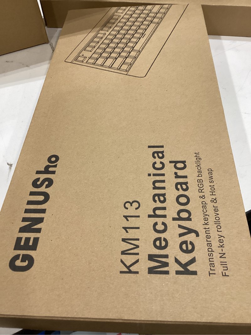 Condition photo showing New/Like New for 104-key full-size gaming mechanical keyboard, transparent keycap rgb backlight, salt ice switches, hot-swappable feet, no conflict in all keys, supports usb-c/bluetooth/wireless 2.4g