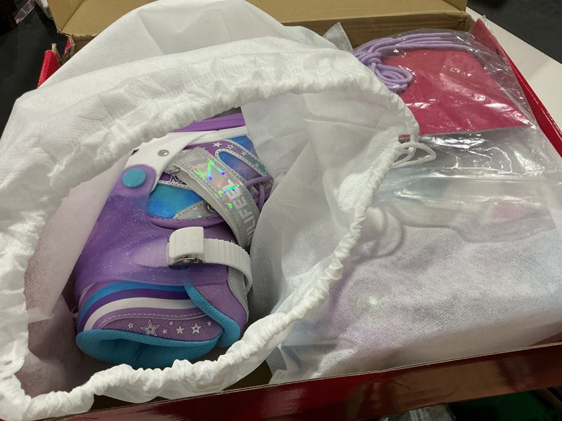 Condition photo showing Good Condition for sulifeel rainbow tie-dye adjustable roller skates for girls kids ages 3-5 5-8 6-12 pink purple light up skate with fluffy pom poms triple protection for indoor outdoor skating stellar purple medium - big kid
