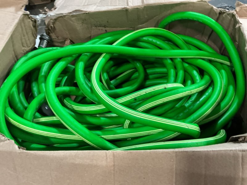 Condition photo showing As Is for garden hose 100 ft with 8-pattern spray nozzle, 5/8" lead-free flexible water hose with 3/4" anodized aircraft-grade aluminum interface, lightweight kink-resistant water pipe for lawn, yard, outdoor
