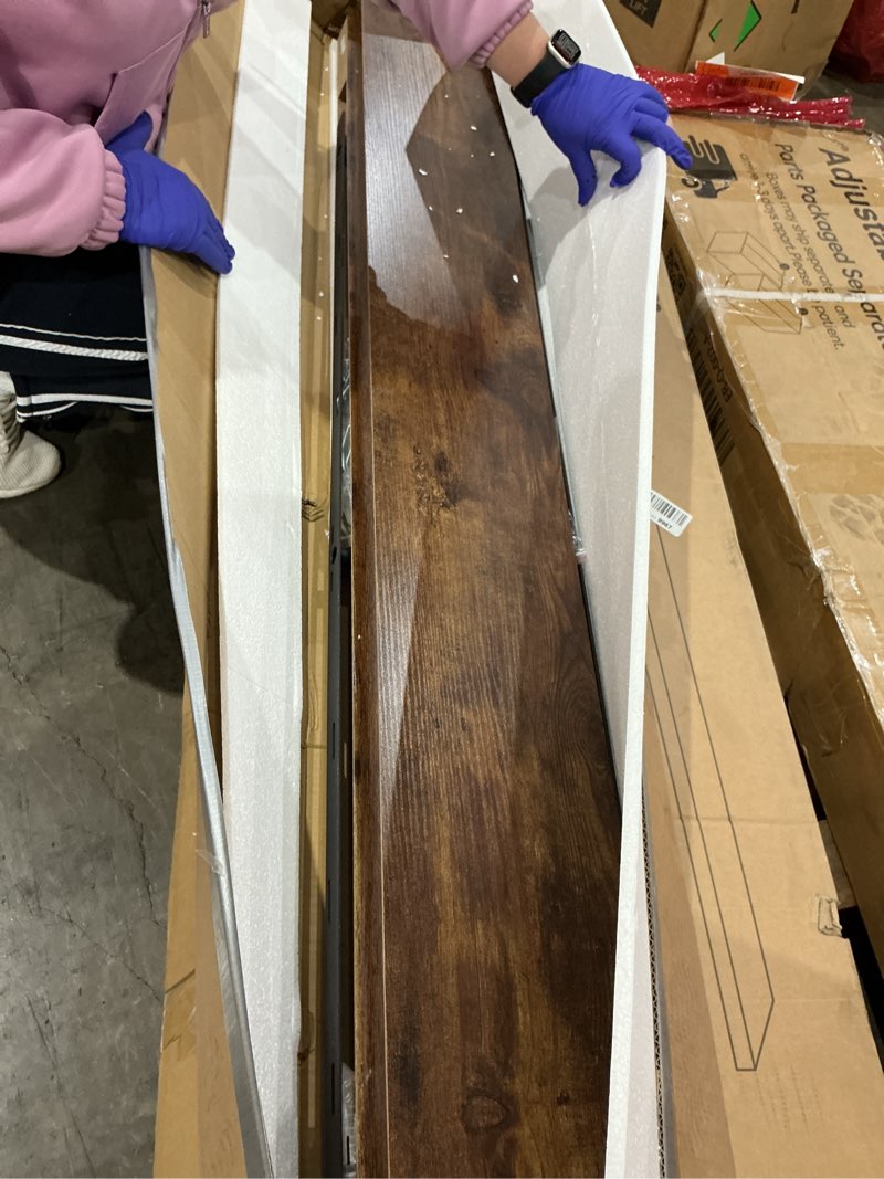 Condition photo showing Good Condition for fun memories 66 inch fireplace mantel - long floating shelf, wall mounted farmhouse display with invisible heavy duty metal bracket, brown, 2 pack brown 2 67"w x 6.5"d