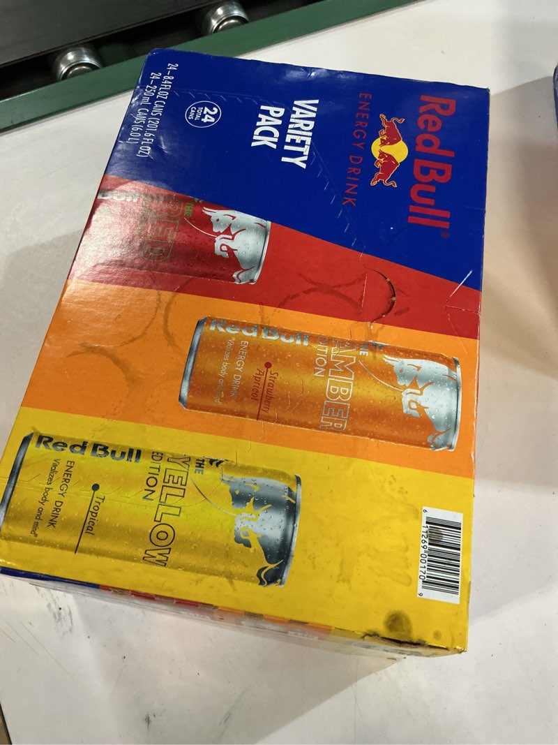 Condition photo showing New/Like New for Best by /06/01-26)Red Bull Energy Drink Variety Pack, Red Bull Red, Yellow, and Amber Edition and Energy Drinks, 8.4 Fl Oz, 24 pack Cans Variety 8.4 oz., 24pk, (1x24)
