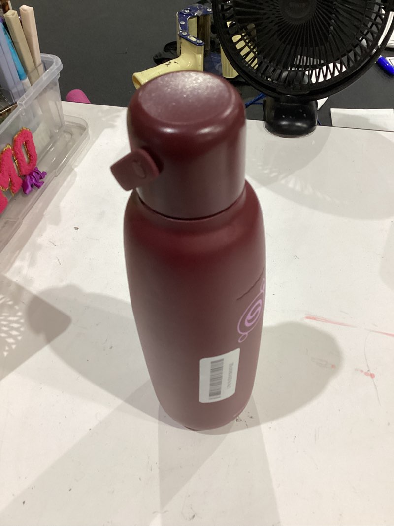 Condition photo showing As Is for sodastream fizz & go cool, stainless steel carbonated water bottle 0.9l, insulated metal bottle for sparkling water, compatible with terra, art, enso & more in pomegranate pomegranate 30.4 ounces