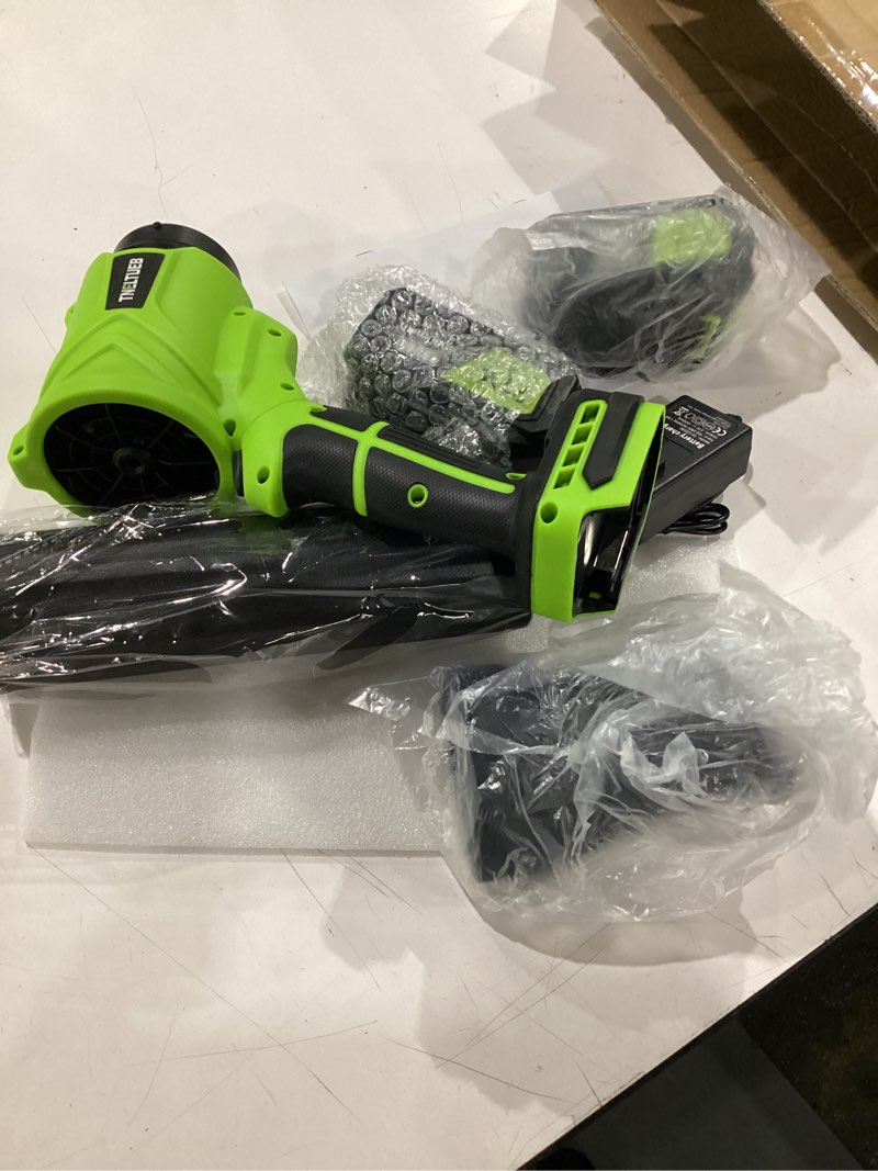 Condition photo showing New/Like New for tneltueb leaf blower cordless, 21v battery powered 980000 rpm handheld electric leaf blower with 6 speed control, 2 x 4ah batteries & charger dust leaves blower for lawn care, green