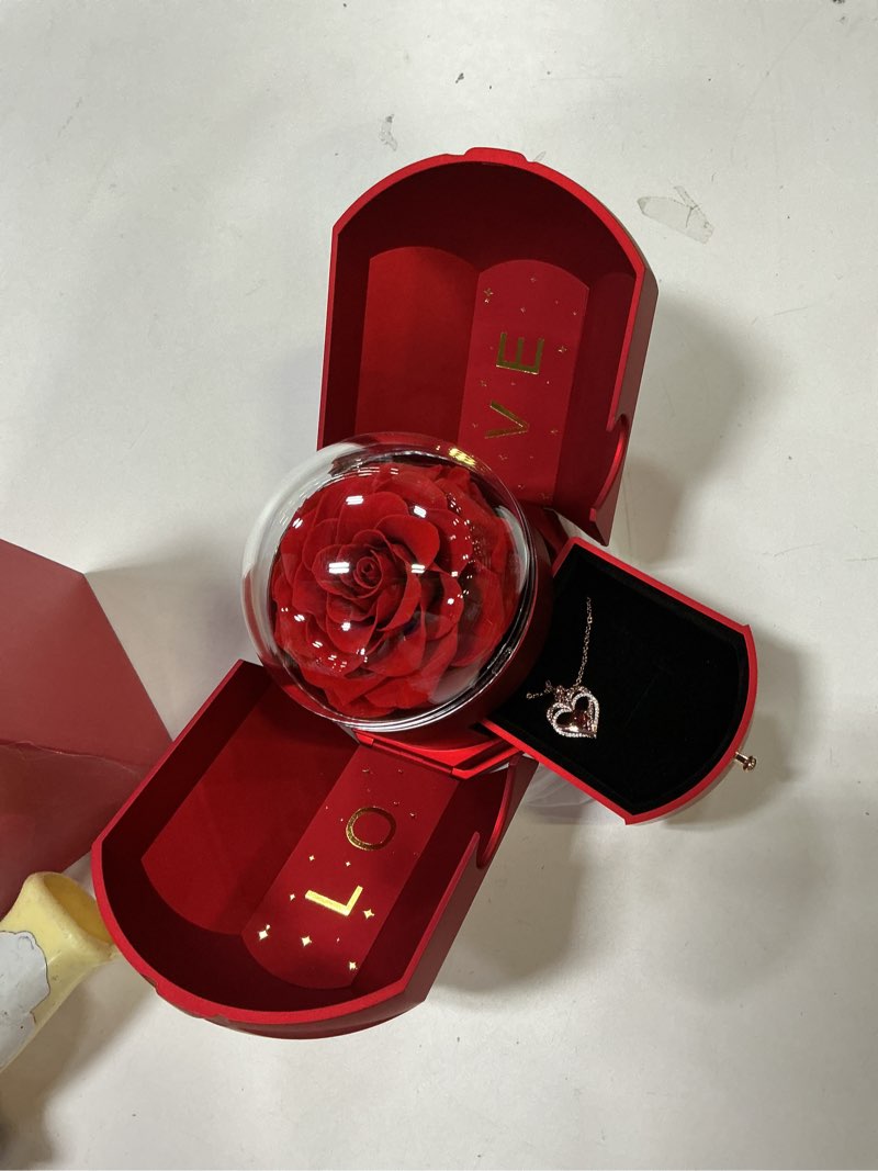 Condition photo showing New/Like New for Preserved Red Rose with Heart Necklace, Eternal Real Rose, Romantic Rose Gifts for Women, Mom, Wife, Girlfriend, Mothers Day, Valentines Day, Anniversary, Birthday(Red)