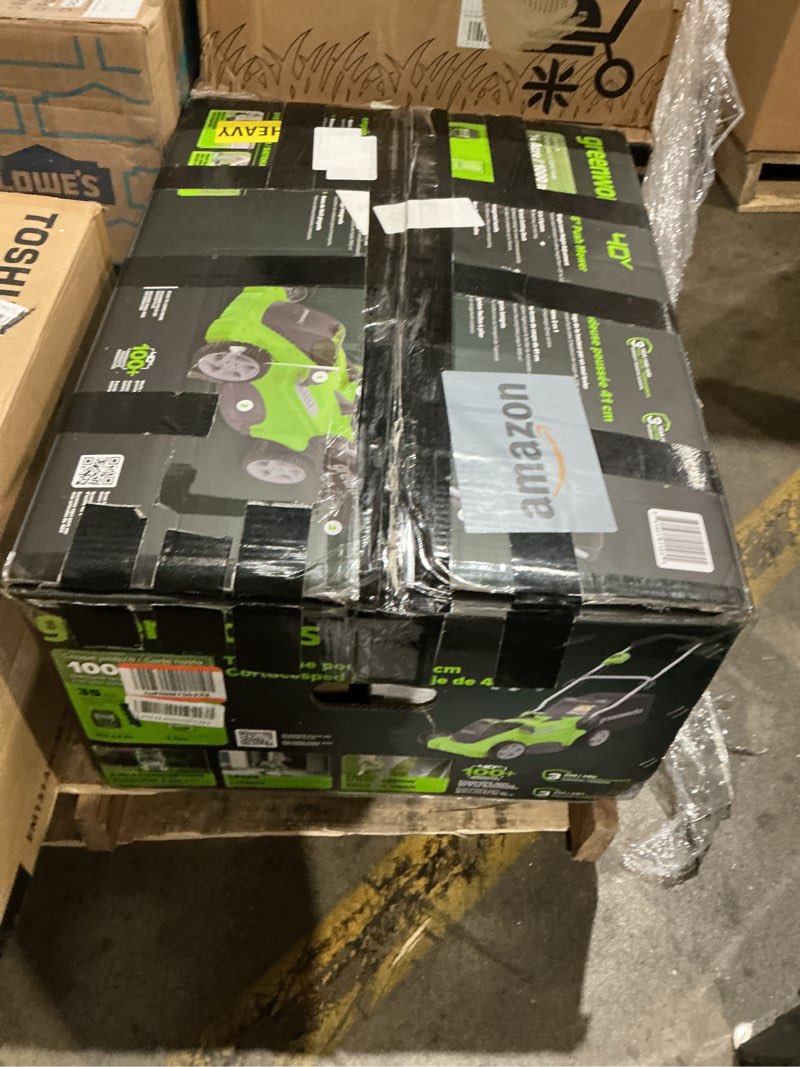 Condition photo showing As Is for greenworks 40v 16" (push) cordless lawn mower, 4.0ah battery (1/3 acre, push button start, compatible with 75+ tools)