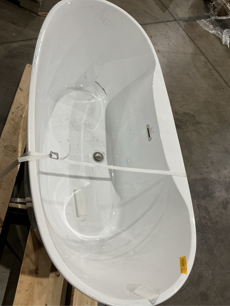 Condition photo showing As Is for allen + roth canberra 29-in x 60-in gloss white acrylic oval freestanding soaking bathtub with drain ( center drain )