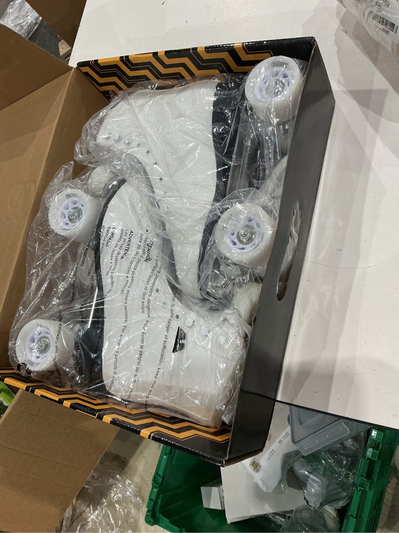 Condition photo showing New/Like New for nattork roller skates for women, pu leather high-top quad skates for beginner, indoor outdoor 4 wheels double-row skates for adults white women's 10/ men's 9