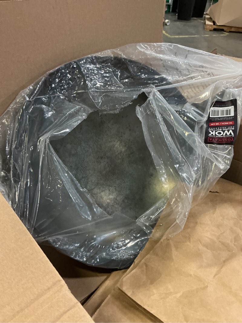 Condition photo showing As Is for yosukata 14" carbon steel wok with round bottom – pre-seasoned pow wok for stir fry – traditional chinese japanese black steel pan – outdoor cookware for gas stovetops, open fire, bbq, camping