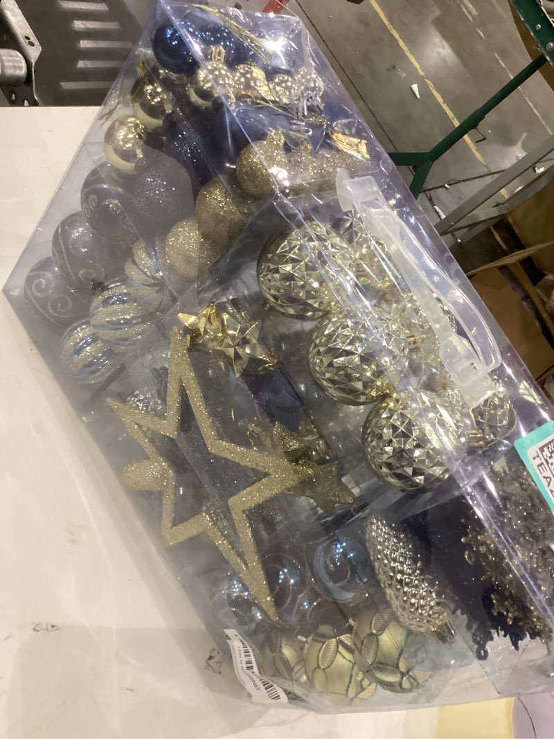 Condition photo showing New/Like New for 110Pcs Christmas Ball Ornaments Set, Assorted Blue and Gold Christmas Ornaments for Xmas Tree, Shatterproof Plastic Baubles Hanging Decorations for Holiday/Party/Wedding Blue & Gold
