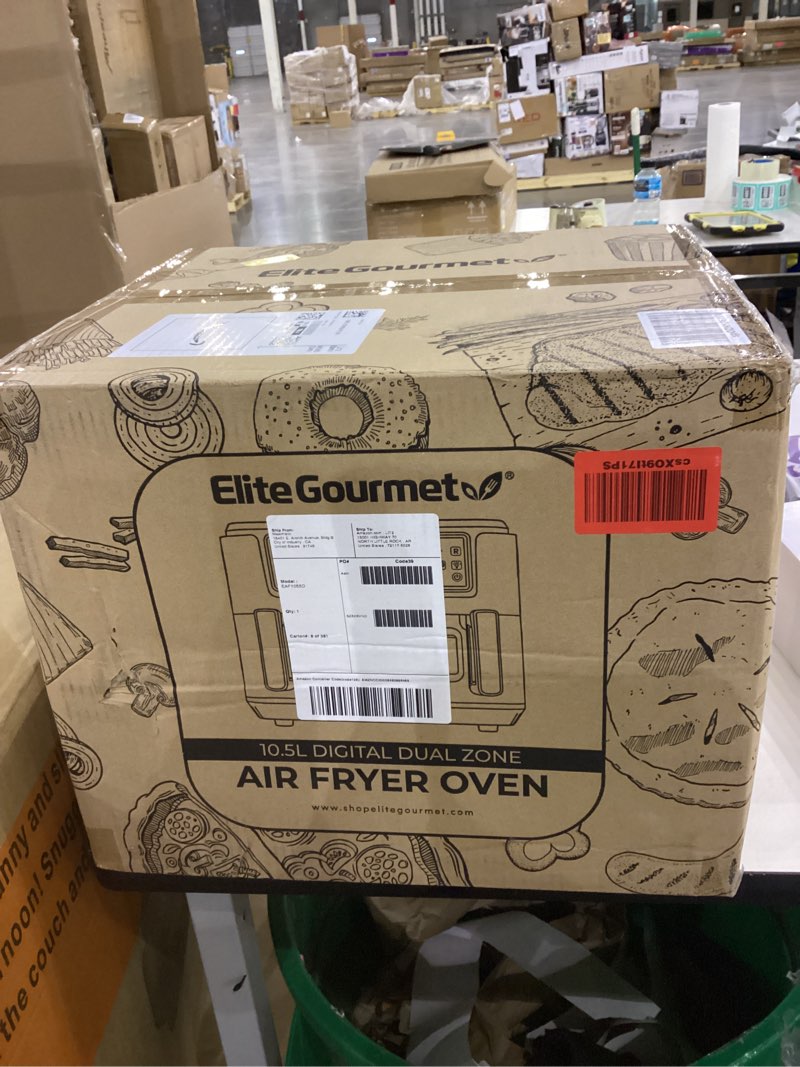 Condition photo showing New/Like New for Elite Gourmet Dual Zone Air Fryer Oven, 11QT Capacity with Divider, PFAS Free Nonstick, SYNC FINISH, 10 Preset Functions, Bake, Roast, Broil, Air Fry, Toast, Dehydrate, 1600W, with 25 Recipes, Black 11 Quart Black