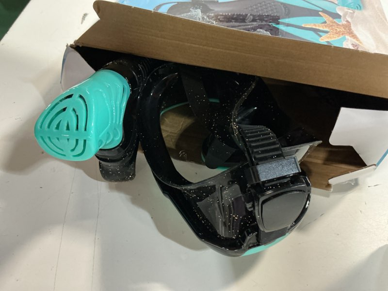 Condition photo showing As Is for snorkeling gear for kids, 4 in 1 child mask fins snorkel set with panoramic view anti fog mask, dry top snorkel, trek fins and travel bag, kids snorkeling set with fins for snorkeling swimming turquoise-(4 in1) 1-4(32-36) with fins
